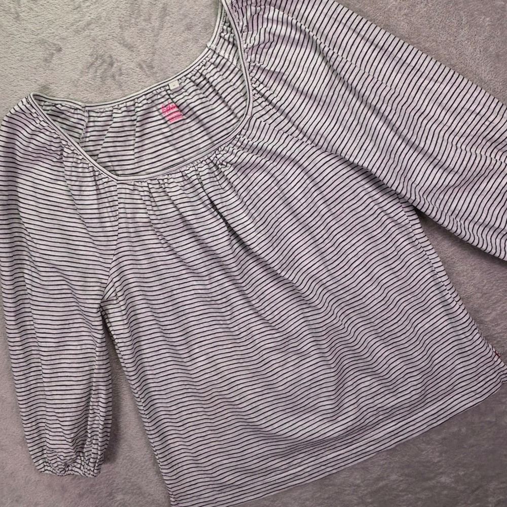 Boden Women Top Size M White Navy Blue Striped 3/4 Sleeve Peasant Blouse